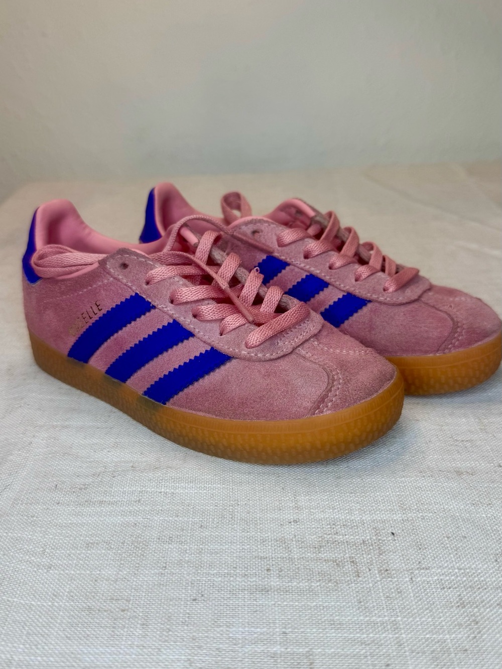 adidas Kids Pink Gazelle Suede Sneakers with Blue Stripes